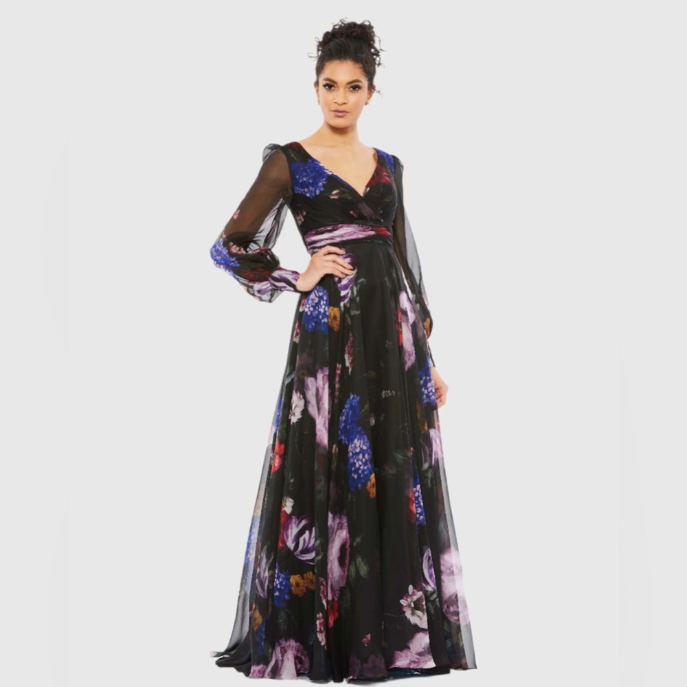 Mac Duggal Long Sleeve Floral Chiffon Gown